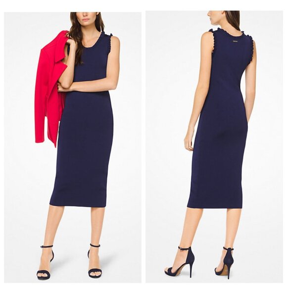 MICHAEL MICHAEL KORS Stretch Viscose Ribbed Dress with Ruffles Dark Blue - Picture 1 of 8